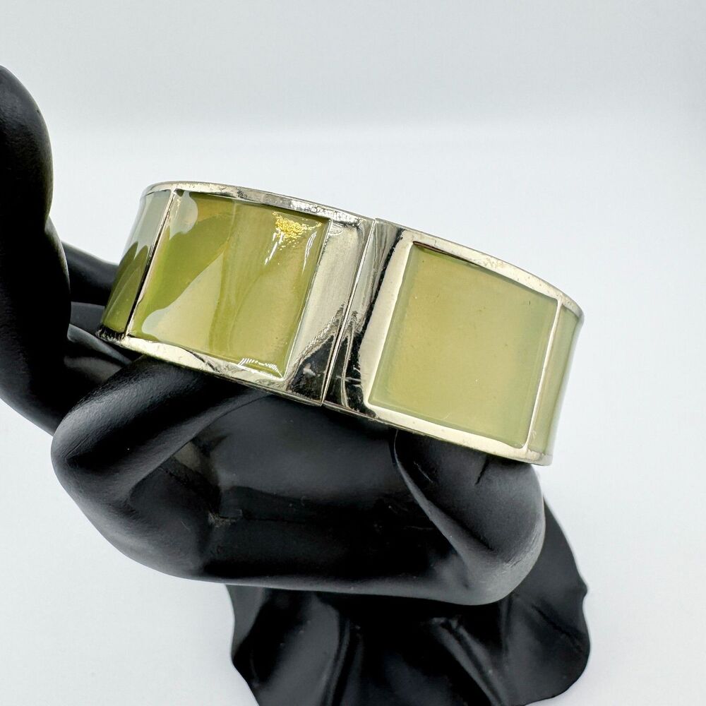 Vintage Enamel Bangle Bracelet Olive Green Silver Tone MCM Geometric Mod Retro